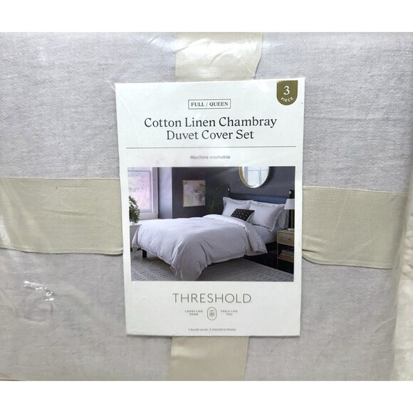 Full/Queen Linen Chambray Duvet Cover & Sham Set Light Gray Threshold NEW - Picture 7 of 8